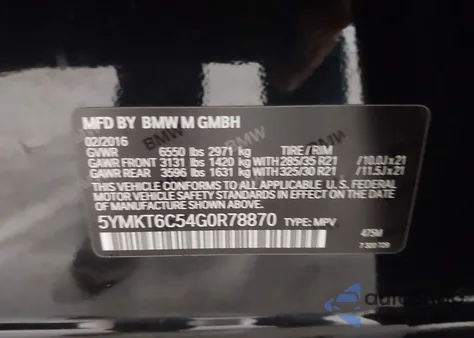 2016 BMW X5 M z USA, uszkodzony, nr VIN 5YMKT6C54G0R78870